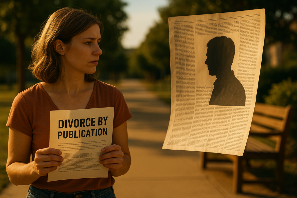An illustration depicting the concept of divorce by publication, highlighting a missing spouse in the process.