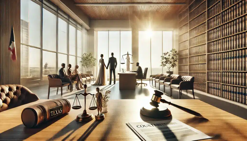 A wide angle, photo-realistic cinematic image representing the annulment process in Texas. The scene should visually symbolize the steps involved in annulment, with elements such as legal documents, courtrooms, and a symbolic image of a couple in consultation with an attorney. The setting should have a professional yet warm atmosphere, with sunlight streaming through large windows in a modern office or courtroom. The summer vibe should be evident in the soft lighting and natural surroundings, representing the complexity and emotional nature of the annulment process in a subtle and cinematic way.