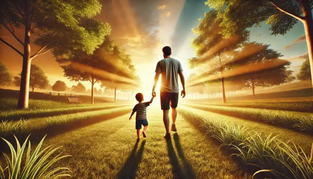 A wide-angle, photo-realistic, cinematic image with summer vibes, capturing a father holding his young child's hand as they walk together in a serene outdoor setting. The backdrop features a golden sunset with warm light filtering through trees, a lush green field, and a clear blue sky. The scene symbolizes a strong bond and fathers' rights, with the father guiding the child protectively yet tenderly. The atmosphere is peaceful, uplifting, and emphasizes love and connection.
