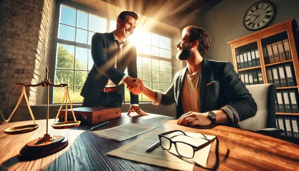 A cinematic, wide-angle, photo-realistic image of a successful divorce attorney celebrating a favorable outcome with a relieved client in a professional office setting. The attorney is smiling confidently, while the client looks visibly relieved, shaking hands across a desk. The room is warmly lit with summer sunlight streaming through a window, casting a golden glow on the scene. Papers related to the case are scattered across the desk, signifying the end of a complex legal journey. The overall atmosphere is one of relief, success, and optimism, with summer vibes accentuated by the natural light and greenery visible through the window.