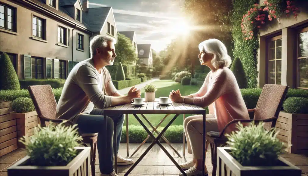 A cinematic, wide-angle, photo-realistic image of a middle-aged couple sitting at an outdoor café table on a sunny summer day. They are in a serious but calm discussion, symbolizing the complexities of gray divorce. The setting includes lush greenery, soft summer lighting, and a serene suburban backdrop with well-maintained houses in the distance. The mood is reflective and hopeful, capturing the essence of navigating life's challenges together with dignity and understanding.
