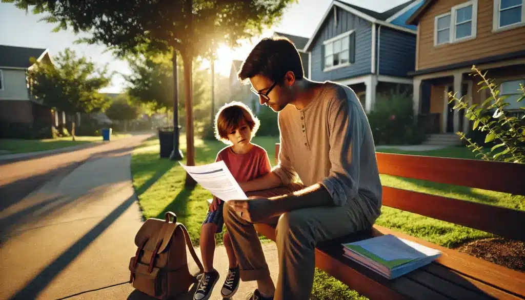 A wide-angle, photo-realistic, cinematic image capturing a summer vibe. The scene shows a caring nonparent guardian sitting on a sunlit park bench with a young child, attentively discussing paperwork related to authorization for nonparent care in Texas. The adult looks focused yet warm, holding a document, while the child listens curiously. Nearby, a backpack and a small stack of books suggest school-related responsibilities. The background features a peaceful suburban park with lush greenery, casting a warm and inviting summer atmosphere.