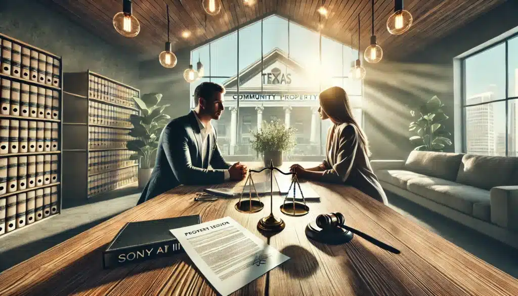 A wide-angle, photo-realistic, cinematic image with summer vibes, captured in the style of a Sony Alpha A7 III wide-angle lens camera. The scene depicts a couple sitting at a modern wooden table in a sunlit office, engaged in a serious discussion about property division. Legal documents, a laptop, and a scale of justice sit on the table, symbolizing Texas community property laws. The background features a subtle outline of a Texas courthouse, reinforcing the legal aspect of their discussion. The atmosphere is tense yet professional, illustrating the complexities of property division in divorce.