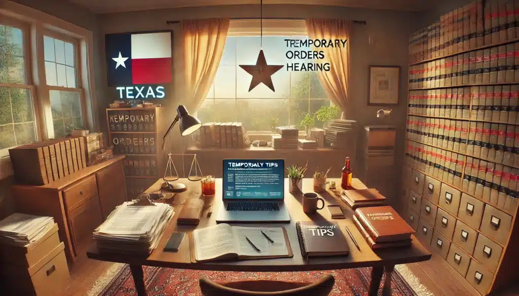 A photo-realistic, cinematic wide-angle image showing a real-life example and practical tips setting for preparing for a temporary orders hearing in Texas. The scene captures a person in a warm, inviting home office on a summer evening, surrounded by organized legal documents, notebooks, and a laptop displaying court-related information. Sunlight filters through a window, casting a soft glow over the room, giving it a calm yet focused atmosphere. The setting includes a Texas symbol subtly incorporated, conveying local relevance and a supportive, professional tone. The image should feel practical, approachable, and informative, emphasizing readiness and preparation for a legal hearing.
