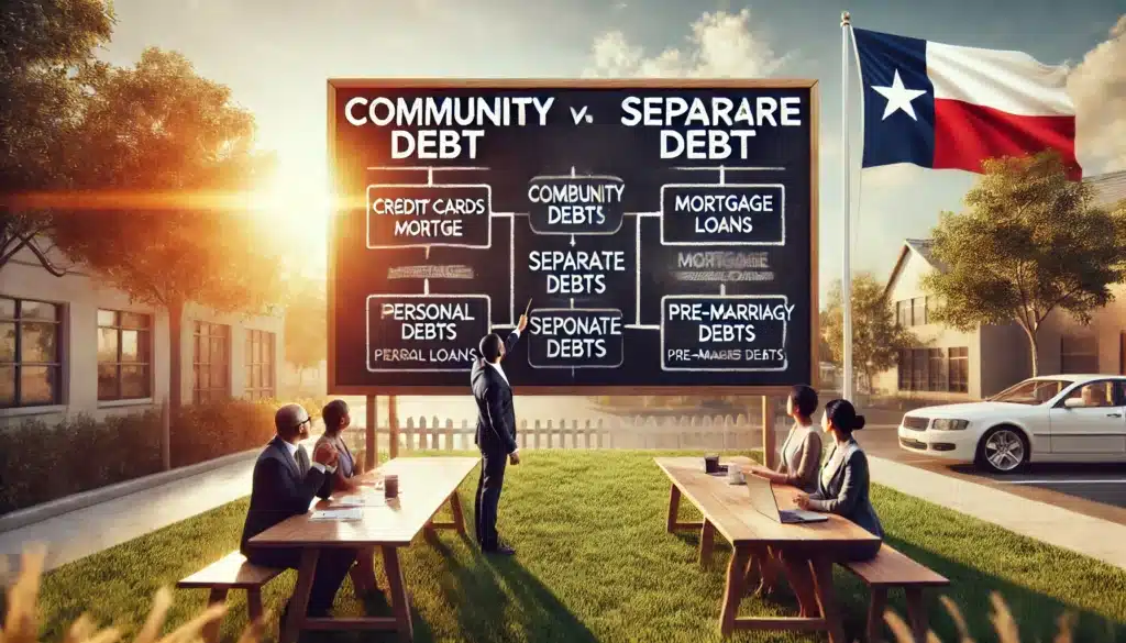 A cinematic, wide-angle, photorealistic image depicting a conceptual diagram illustrating the distinction between community and separate debts in a Texas divorce. The setting is an outdoor legal consultation in a sunlit summer environment, with a lawyer pointing to a large board displaying a clear breakdown of debts. On one side of the board, 'Community Debt' is listed with credit cards, mortgage, and car loans, while the other side shows 'Separate Debt' with personal loans and pre-marriage debts. The atmosphere is warm and engaging, with a Texas flag subtly waving in the background.