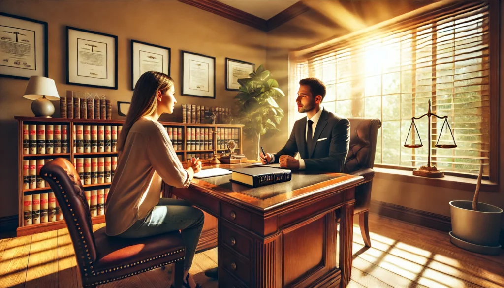 A photo-realistic, wide-angle image with summer vibes showing a consultation between a client and an experienced family law attorney. The attorney, dressed professionally, sits at a polished wooden desk with a Texas legal book open beside them. The client, appearing engaged and attentive, is holding a notepad with notes. Sunlight streams through a large window, illuminating the room with a warm glow. The background features framed certificates, a bookshelf with legal texts, and a potted plant, creating a calm yet professional atmosphere that reflects trust and guidance.