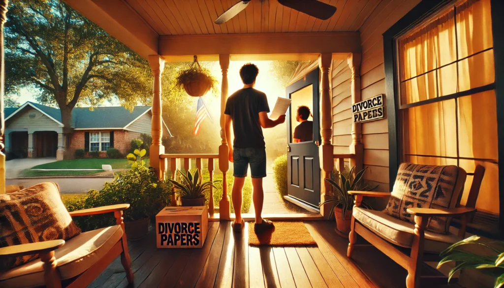 A photo-realistic, cinematic wide-angle image with summer vibes, showing a frustrated individual standing on a sunny Texas porch, holding divorce papers in hand. In the background, a closed door with curtains drawn suggests someone inside avoiding service. The scene includes warm sunlight casting across the porch, with plants and outdoor furniture adding to the Texas suburban feel. The individual’s body language shows determination, highlighting the emotional tension of trying to serve divorce papers to a spouse who’s avoiding service.
