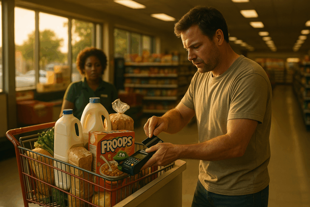 Parent swiping credit card at grocery store checkout with essentials in cart, symbolizing financial stress and child support modification