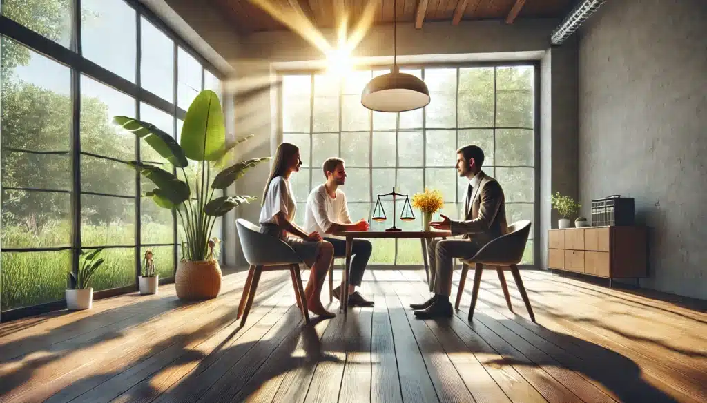 A wide-angle, photo-realistic cinematic image showcasing the advantages of mediation over traditional litigation. The scene is set in a bright, sunlit room with summer vibes, where a man and woman sit across from each other with a mediator facilitating discussion in a calm and friendly manner. The relaxed environment includes large windows letting in natural light and views of greenery outside, emphasizing a peaceful, collaborative atmosphere. The setting conveys a productive, non-adversarial process, highlighting the benefits of mediation such as lower stress and more personal involvement in decision-making.