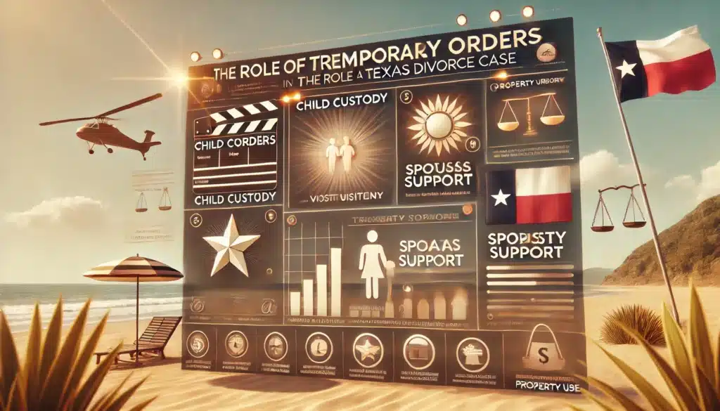 A wide-angle, photo-realistic, cinematic infographic about the role of temporary orders in a Texas divorce case. The design includes clean sections for key topics like child custody, visitation, spousal support, and property use. The infographic is set against a warm, subtle summer background with Texas symbols like a small Texas flag or state outline, creating a professional and approachable look that highlights the essential points in a visually engaging way.