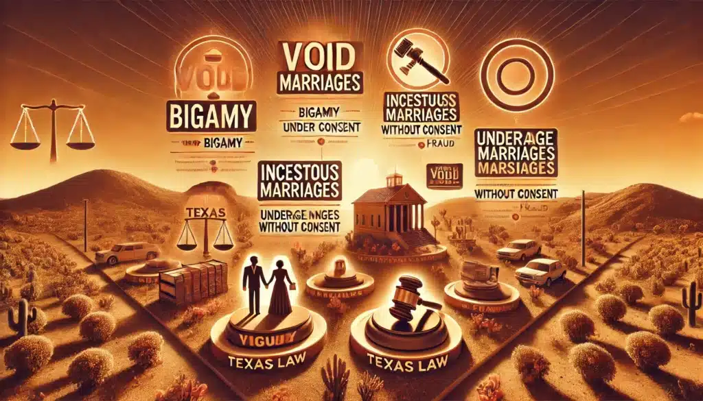 A wide-angle, photo-realistic, cinematic infographic set in a warm summer atmosphere. The infographic visually details the types of void marriages under Texas law. It includes sections for bigamy, incestuous marriages, underage marriages without consent, and marriages involving fraud. The design features legal symbols such as a gavel, courthouse, and law books in the background, with each category clearly labeled. The color palette is warm and inviting, with a structured yet engaging layout to make legal concepts easy to understand.