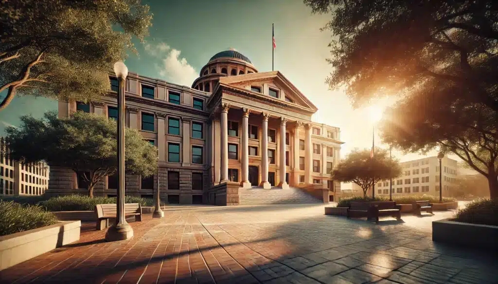 A wide-angle, photo-realistic, cinematic image of a Texas courthouse on a sunny summer day. The scene shows the grand entrance of the courthouse, with columns and a grand staircase leading up to the doors. The sun casts a warm glow over the building, highlighting its architectural features. The atmosphere is calm yet imposing, symbolizing the legal challenges faced by grandparents seeking visitation rights. The scene conveys the serious nature of the legal process while maintaining a sense of hope, with summer vibes and natural light filtering through the surrounding trees.