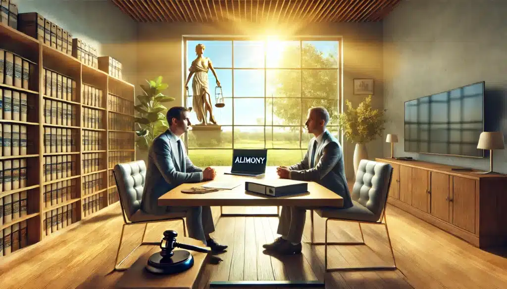 A wide-angle, photo-realistic, cinematic image depicting a consultation with a knowledgeable attorney about alimony. The scene is set in a bright, sunny law office with a warm summer vibe. The attorney, dressed in professional attire, is seated across from a client at a conference table. Legal documents and a laptop are on the table, and the conversation is being conducted in a calm, focused manner. The office is filled with natural light from large windows, with a peaceful outdoor landscape visible in the background, creating a relaxed yet professional environment.