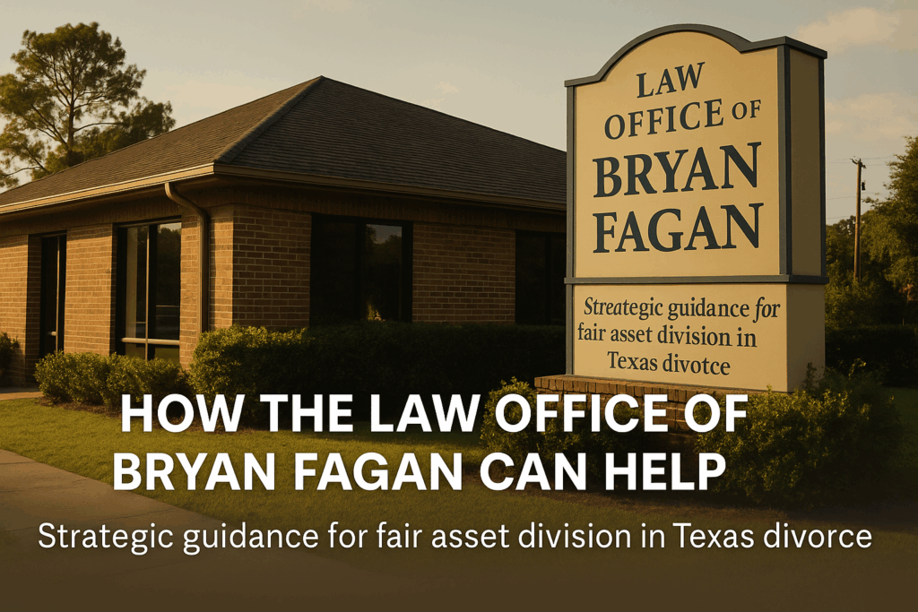 A wide-angle, photo-realistic image of The Law Office of Bryan Fagan shows a single-story brick building in the golden glow of a summer afternoon. A large outdoor sign prominently displays the firm’s name and tagline: “Strategic guidance for fair asset division in Texas divorce.” The scene includes well-manicured landscaping, tall trees, and clear blue skies, creating a warm, welcoming, and professional atmosphere that reflects the firm's trusted legal presence.