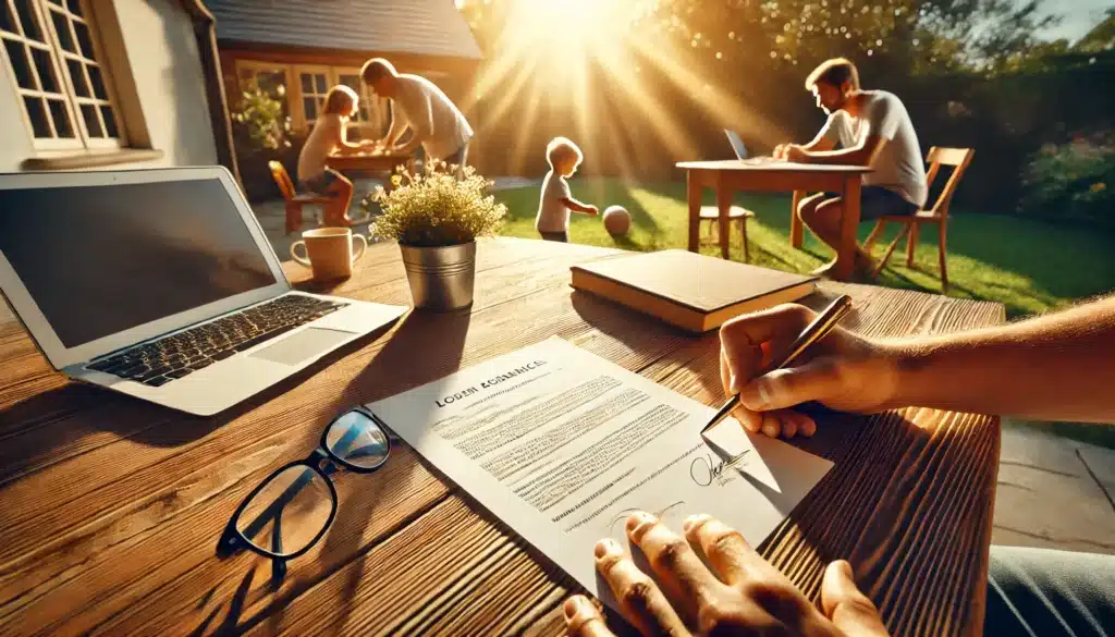 A wide-angle, photo-realistic, cinematic image capturing a summer vibe. The scene features a close-up of a wooden table outdoors in a sunlit backyard, with legal documents granting caregiving rights spread out. A hand is seen signing an official-looking document with a pen, while another hand rests beside it, symbolizing agreement. Nearby, a laptop, a coffee cup, and reading glasses suggest careful review of the paperwork. In the background, a child plays in the grass, representing the importance of the legal process in ensuring their well-being. The atmosphere is warm, with golden sunlight filtering through the trees.