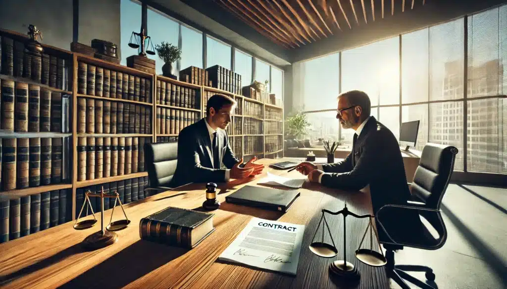 A wide-angle, photo-realistic, cinematic image with summer vibes, captured in the style of a Sony Alpha A7 III wide-angle lens camera. The scene depicts a legal consultation in a modern, sunlit law office. A business owner sits across from an experienced attorney, attentively reviewing legal documents related to divorce proceedings. The attorney gestures towards a contract, emphasizing the importance of legal representation and professional support. A bookshelf filled with legal books and a scale of justice on the desk reinforce the legal theme. The background features large windows overlooking a city skyline, adding depth and professionalism to the atmosphere.