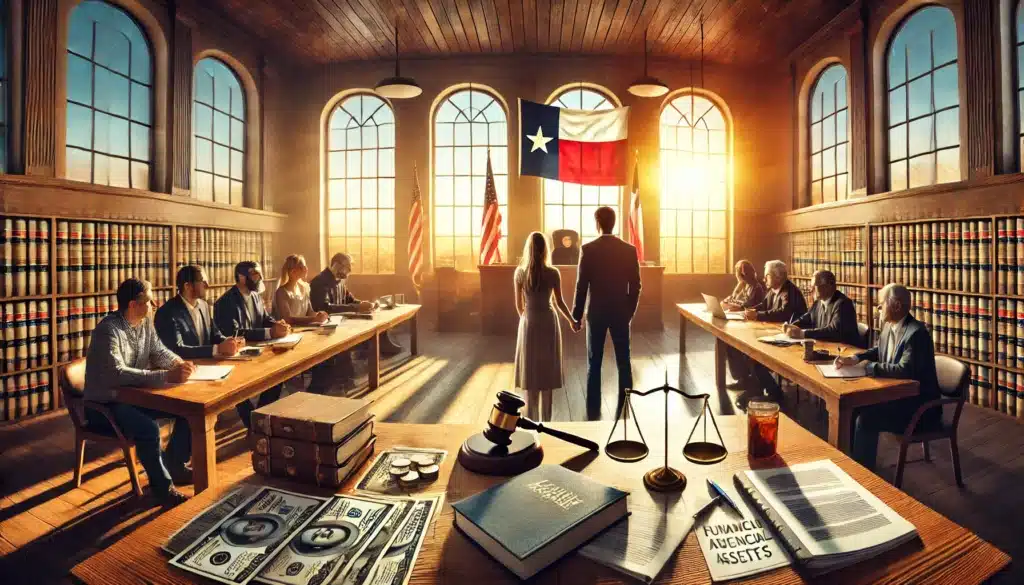 A photo-realistic, cinematic wide-angle image with summer vibes. A Texas courtroom scene where a judge is presiding over a divorce case involving commingled assets. Attorneys on both sides present financial documents, while a divorcing couple looks tense and concerned. The scene includes legal symbols like a Texas flag, law books, and financial records spread across the tables. Warm sunlight streams through large courthouse windows, casting a dramatic effect that emphasizes the high-stakes nature of the proceedings.