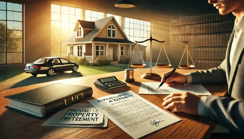A cinematic, wide-angle, photorealistic image illustrating strategies for protecting separate property in Texas. The image features a person carefully reviewing financial documents, a prenuptial agreement, and a trust document at a lawyer's desk. In the background, a house and a car are separated visually to emphasize asset protection. The warm Texas summer sun streams through large windows, casting a golden glow over the office. A legal scale on the desk symbolizes justice and fairness in property division. The scene conveys a sense of careful financial planning and legal protection.
