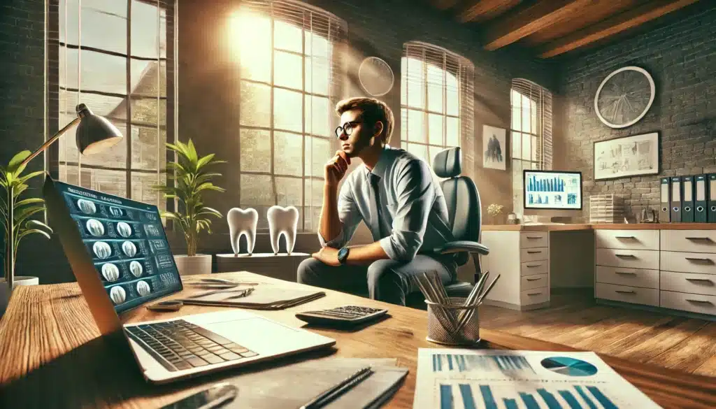 A wide-angle, photo-realistic, cinematic image capturing a summer vibe, featuring a dentist in a professional office setting, sitting thoughtfully at their desk with a contemplative expression. The dentist is surrounded by subtle elements symbolizing the challenges of divorce, such as legal documents, a laptop displaying financial charts, and a framed family photo. The room is bright with natural sunlight streaming through large windows, creating a warm yet introspective atmosphere. The image emphasizes the weight of decision-making while balancing personal and professional life.