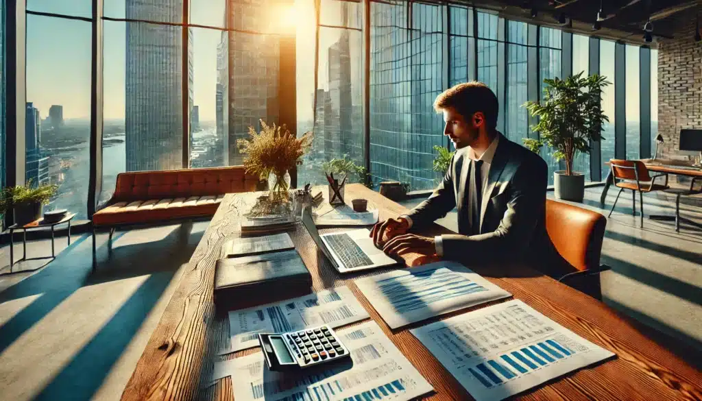 A wide-angle, photo-realistic, cinematic image with summer vibes, captured in the style of a Sony Alpha A7 III wide-angle lens camera. The scene depicts a focused business owner sitting at a sleek wooden desk in a sunlit modern office, carefully reviewing financial records and documents. A laptop, calculator, and neatly organized financial statements are spread out on the desk, symbolizing efforts to keep business finances separate. The background features large windows with a view of a vibrant city skyline, emphasizing financial responsibility and business protection. The atmosphere is professional yet relaxed, reflecting strategic planning.