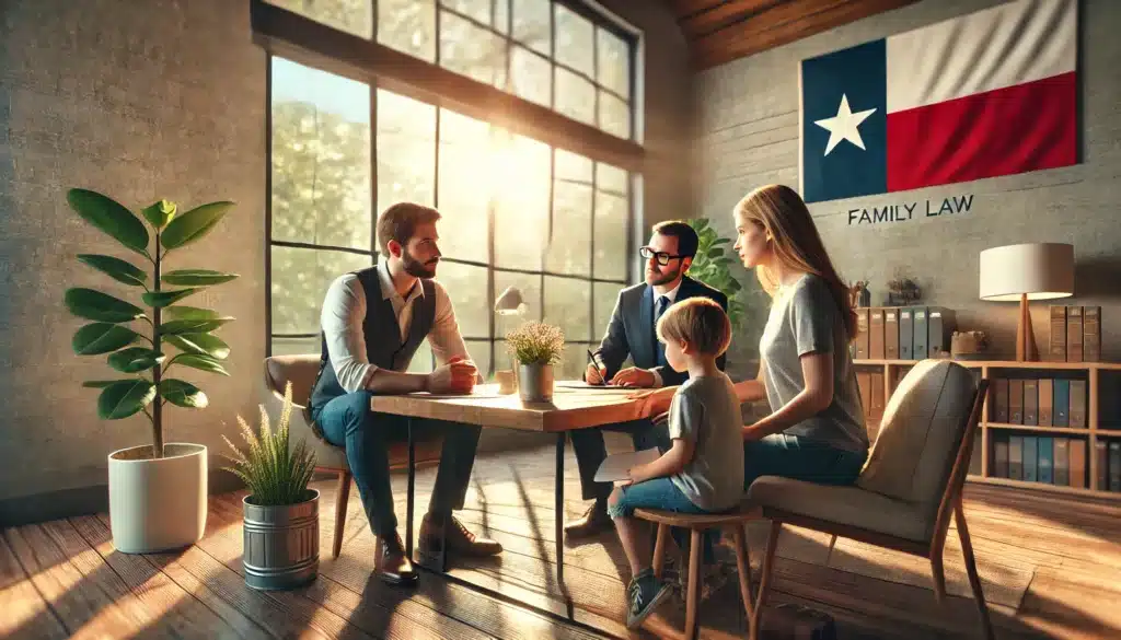 A photo-realistic, cinematic, wide-angle summer image of a family meeting with a family law attorney in a professional yet warm office in Texas. The scene features a calm and focused discussion, with the attorney attentively listening and providing guidance. The family includes a parent and child, with the child engaged in drawing on paper while the adults talk. The office has natural light streaming in through large windows, with hints of Texas decor such as a small state flag and rustic furniture, evoking summer vibes and a supportive atmosphere.