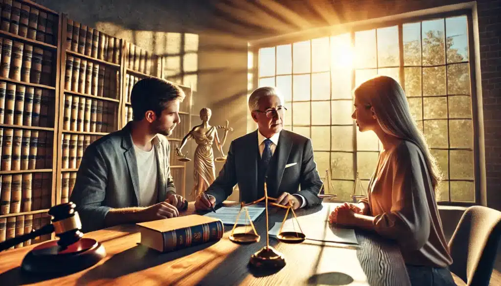 A wide-angle, photo-realistic, cinematic image with summer vibes, showing an experienced family law attorney guiding clients through the divorce process. The scene takes place in a modern law office with large windows allowing warm summer sunlight to stream in, creating a bright and optimistic atmosphere. The attorney, looking confident and knowledgeable, is seated at a table with two clients, reviewing legal documents together. Behind them, legal books and a symbolic scale of justice are visible, adding context to the family law setting. The image evokes a sense of trust, professionalism, and guidance.