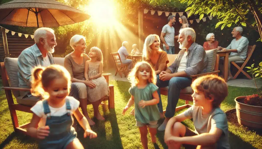 A wide-angle, photo-realistic, cinematic image of a warm, sunlit summer day in a backyard. The scene shows a multi-generational family gathering, with grandparents sitting on a patio, smiling and interacting with their grandchildren. The grandchildren are playing nearby, running through the grass or laughing together. The atmosphere is joyful and heartwarming, with sunlight filtering through trees and vibrant greenery in the background. The mood is peaceful, symbolizing the importance of family relationships and generational bonds.