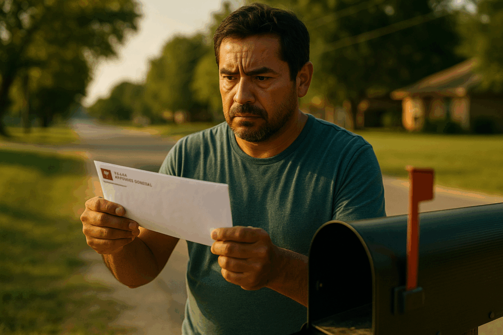 A man standing by his mailbox holding an envelope from the Texas Attorney General, symbolizing the stress of receiving a child support notice in Texas.