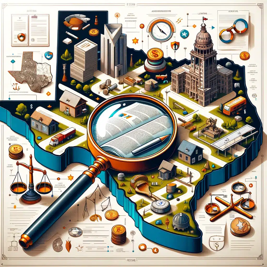 Illustration of Texas map featuring a magnifying glass over an open book, symbolizing legal exploration, with icons representing assets, law, and probate processes, relevant to Texas probate law and estate management.