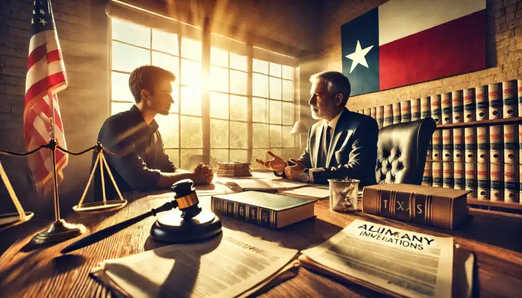 A wide-angle, photo-realistic cinematic image with summer vibes, capturing a Texas legal office setting. A serious-looking attorney sits across from a concerned client, discussing alimony and adultery implications. Sunlight streams through large windows, casting a warm glow on legal documents spread across the desk. A subtle Texas flag is visible in the background, reinforcing the location.
