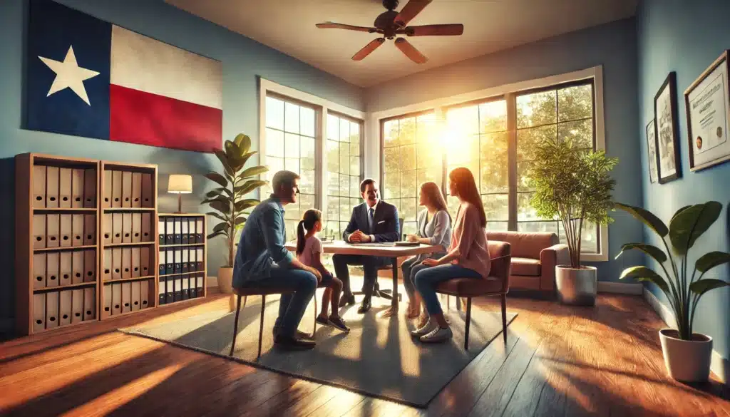 A cinematic, photo-realistic wide-angle image with summer vibes, depicting a family consulting with adoption attorneys in Bellaire, Texas. The scene is set in a bright and welcoming office with large windows letting in sunlight, showing a professional attorney seated across from a happy family, including two parents and a child. The atmosphere is warm and supportive, symbolizing trust and guidance. Subtle Texas elements, like a Lone Star flag or local decor, are present to reinforce the location. The image conveys professionalism, care, and family unity.