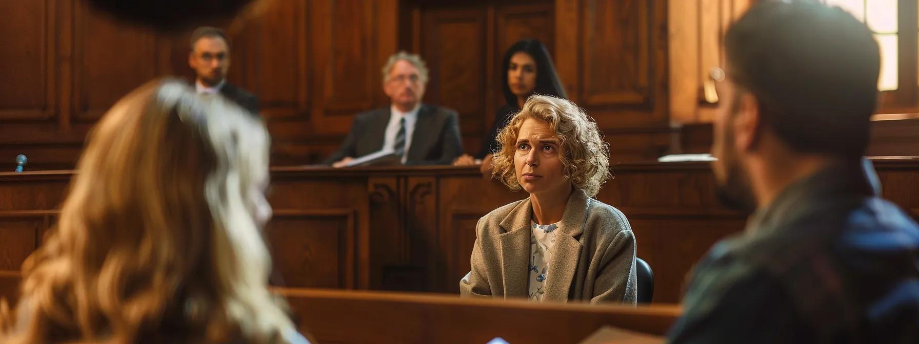 a tense courtroom setting with a judge presiding over a custody hearing, capturing the emotional weight and complexity of custody agreements as parents engage in a serious discussion, highlighted by dramatic lighting and a focus on the expressions of concern and determination on their faces.