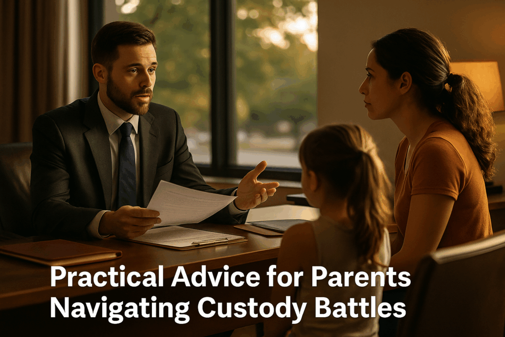 A family law attorney in a suit consults with a mother and her young daughter in a warmly lit office during late afternoon, discussing custody matters.