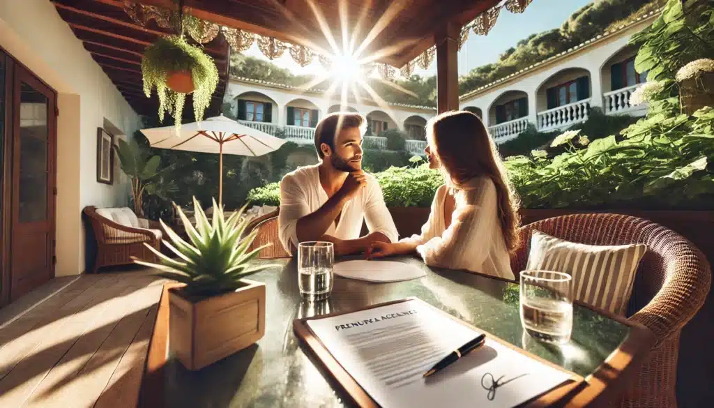 A wide-angle, photo-realistic, cinematic image with summer vibes, showing a couple in an outdoor setting having a thoughtful conversation. They sit at a sunlit table on a scenic patio surrounded by soft greenery, enjoying a relaxed moment. Documents resembling prenuptial agreements and a pen lie on the table, subtly emphasizing the topic of marriage planning. The setting feels warm, inviting, and sophisticated, capturing the importance of prenuptial agreements in a positive light.
