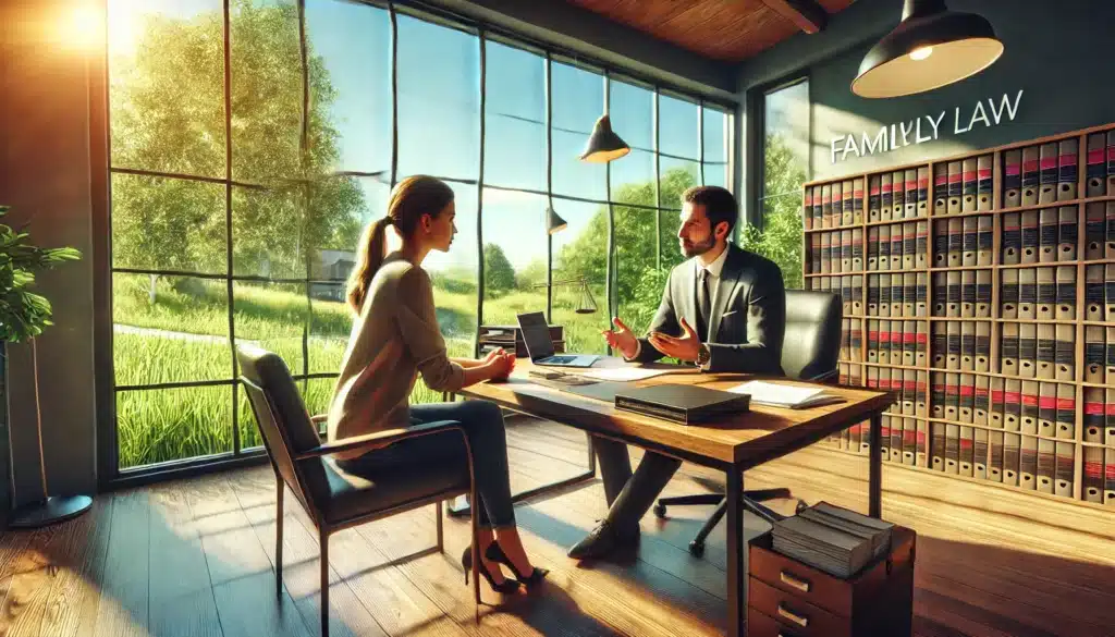 A wide-angle, photo-realistic, cinematic summer scene featuring a family law attorney advising a client on case outcomes. The attorney is seated across from the client at a modern wooden desk, with legal documents and a laptop open in front of them. The client is attentively listening, and the attorney is gesturing while explaining the potential outcomes. Bright summer sunlight pours through large windows, casting a warm glow on the office. Outside the windows, lush green trees and a clear blue sky add to the peaceful summer atmosphere. The scene is professional yet approachable, highlighting trust and clarity.