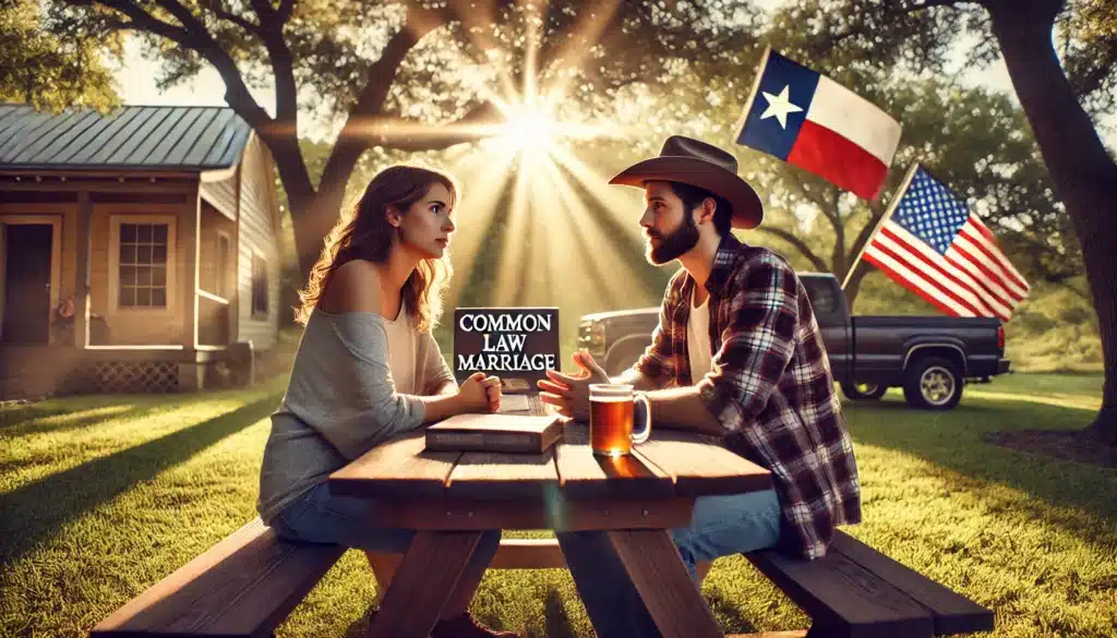 A wide-angle, photo-realistic, cinematic summer scene of a couple sitting outdoors, having a serious yet calm conversation about their common law marriage in Texas. The setting is warm and inviting, with a sunny backdrop, trees, and soft sunlight filtering through. They are seated at a picnic table, with the woman holding a cup of coffee and the man gesturing while speaking. The atmosphere is relaxed, but the discussion is clearly important. The image reflects the theme of love, legal conversations, and the everyday life of a couple navigating their relationship in a Texas setting.