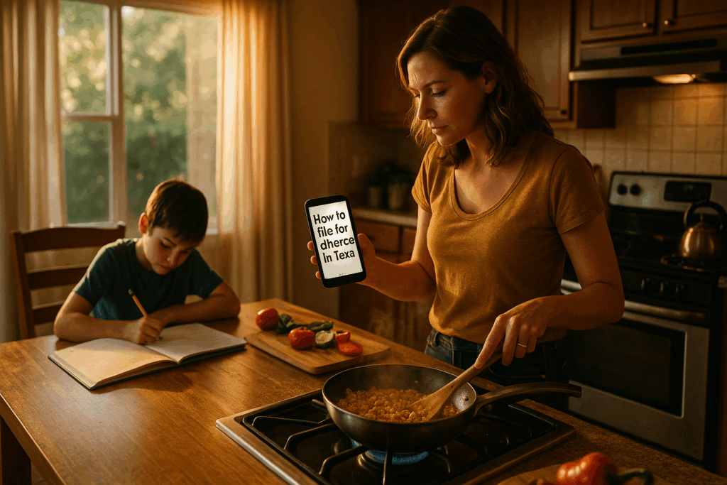 Mother cooking dinner while reading “how to file for divorce in Texas” on her phone, as child does homework at kitchen table