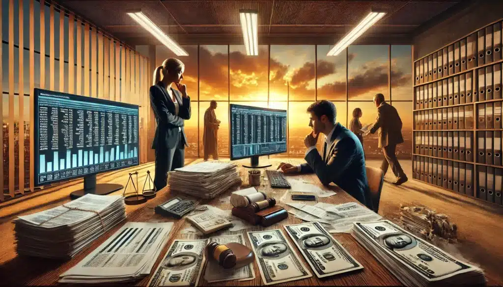 A cinematic, wide-angle, photo-realistic image depicting the challenges faced in asset tracing during Texas divorce proceedings. A forensic accountant and a divorce attorney sit in a modern office filled with financial documents, computer screens displaying complex financial data, and transaction records. A frustrated spouse looks on, expressing concern about hidden assets. The background features a warm Texas summer sunset seen through large office windows, adding depth to the scene. The atmosphere is intense, highlighting the difficulty of uncovering concealed wealth.