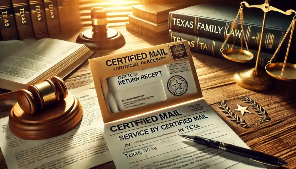 A cinematic, wide-angle, photo-realistic image with summer vibes. A certified mail envelope with an official return receipt sits on a lawyer's desk, alongside legal documents referencing Texas family law. Sunlight streams through a nearby window, illuminating a Texas legal statute book and a judge's gavel. The setting conveys professionalism and the importance of following legal requirements for service by certified mail in Texas.