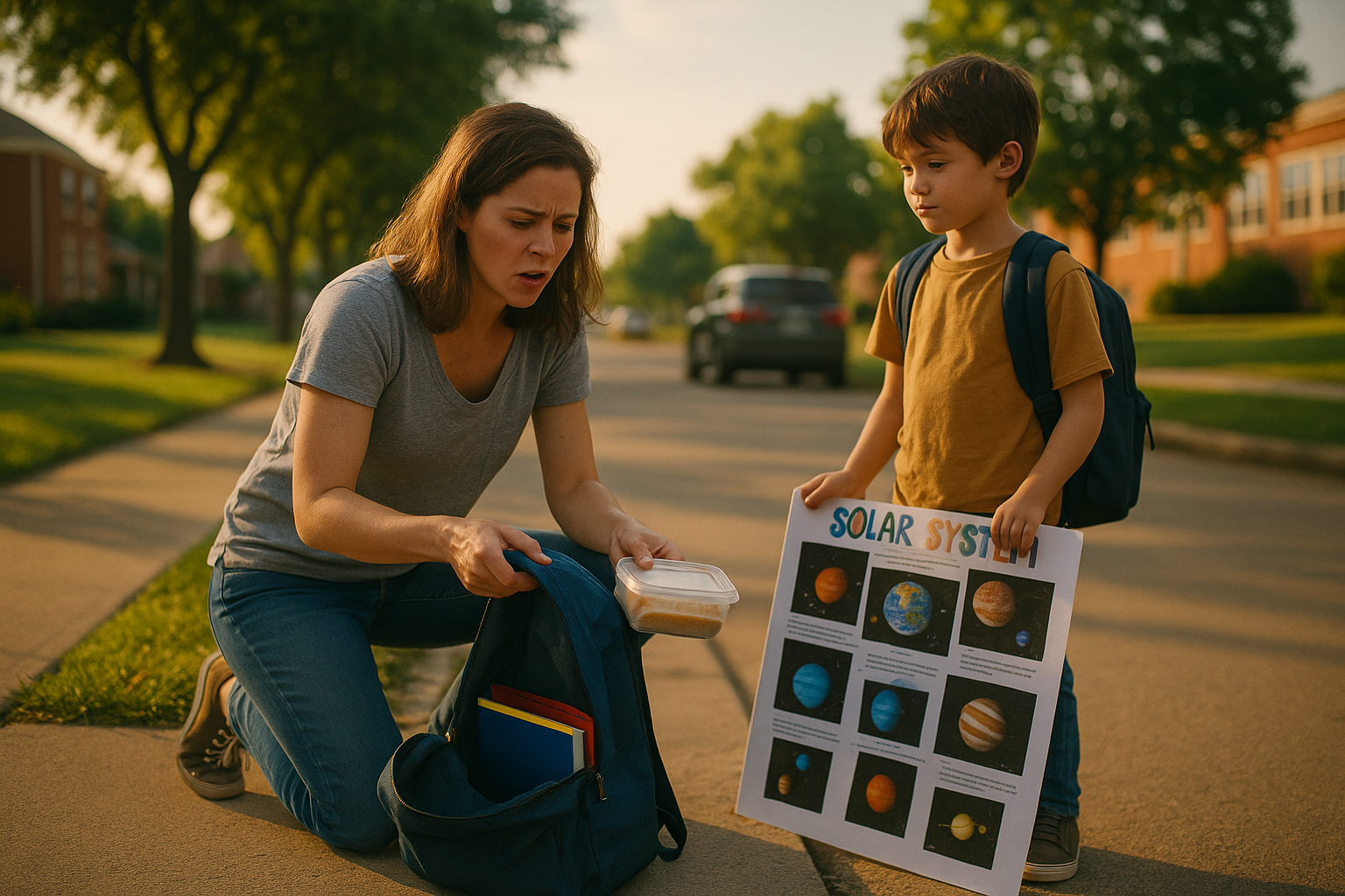 Mother rushing to prepare school items while son holds science project before school, symbolizing parenting stress during Texas divorce.