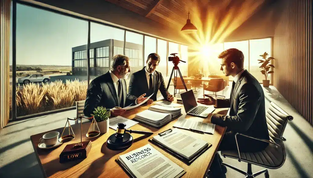 A wide-angle, cinematic, photo-realistic image with summer vibes illustrating practical steps for business owners going through a divorce. The scene shows a business owner reviewing documents with a financial advisor and a lawyer. Legal papers, business records, and a laptop are on the table, with discussions taking place. In the background, large windows reveal a sunny Texas landscape, with bright sunlight adding a sense of optimism and forward planning. The image conveys the importance of taking practical, professional steps during the divorce process. No cameras or equipment are visible.