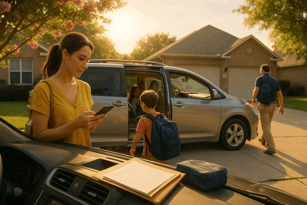 Parent reviewing finances on a laptop by the car while a child with a backpack waits—golden-hour summer scene in a Texas neighborhood.