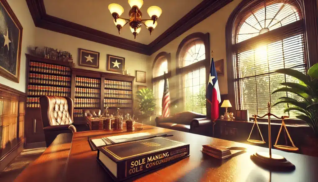 A wide-angle, photo-realistic, cinematic summer scene capturing a family lawyer's office in Texas. The setting includes a sunlit room with legal documents on a polished wooden desk, a bookshelf filled with law books in the background, and warm natural lighting streaming through large windows. The atmosphere reflects professionalism with a welcoming and approachable vibe, perfect for discussing legal aspects of sole managing conservatorship. Subtle Texas-themed decor, such as a small Texas flag or a Lone Star emblem, is visible, adding regional context. The image conveys focus, trust, and the gravity of the legal process.