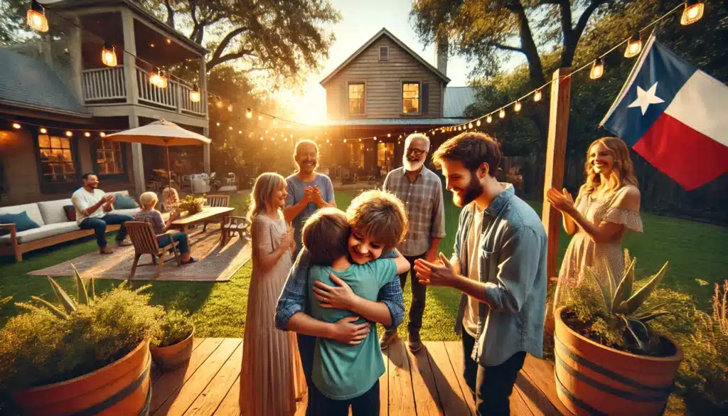 A wide-angle, photo-realistic, cinematic image capturing a warm summer scene of a Texas family welcoming a foster child into their home. The setting is a beautiful backyard with lush greenery, a wooden deck, and string lights glowing as the sun sets. A diverse, happy family embraces the child with smiles and warmth, conveying love and acceptance. The atmosphere is filled with golden-hour lighting, creating an inviting and emotional moment of connection.