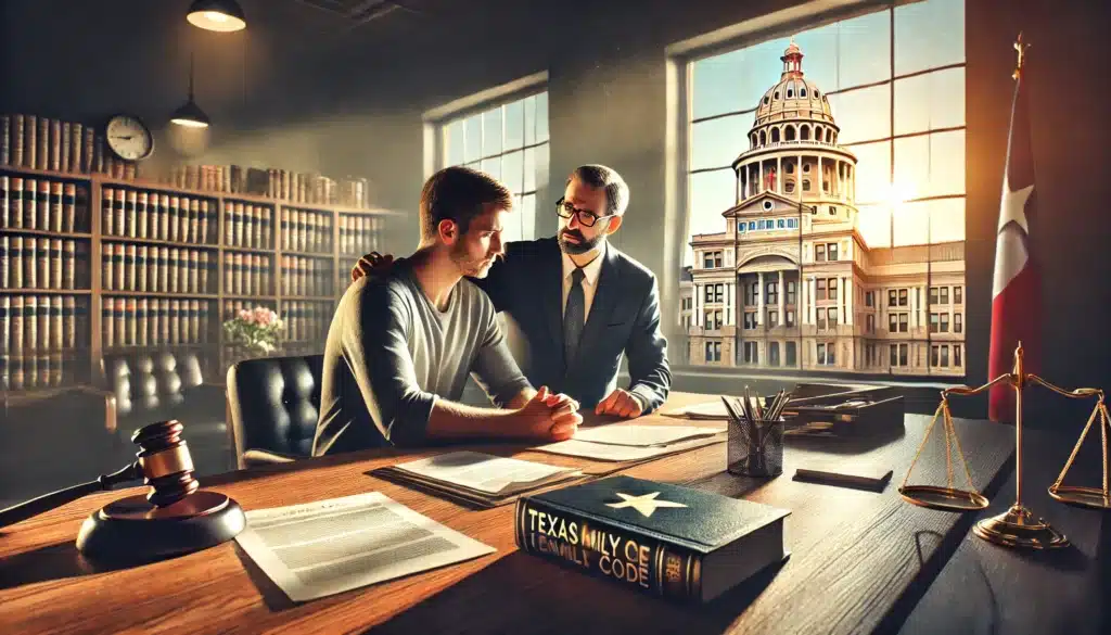 A wide-angle, photo-realistic, cinematic image depicting the importance of working with an experienced Texas family law attorney. The scene features a professional attorney in a well-lit office, consulting with a client who looks relieved and reassured. Legal documents and a Texas Family Code book are spread on the desk, symbolizing expertise and guidance. In the background, a large window reveals a sunlit Texas courthouse, reinforcing the connection to family law. The atmosphere conveys trust, professionalism, and the critical role of legal expertise in navigating complex family law cases.