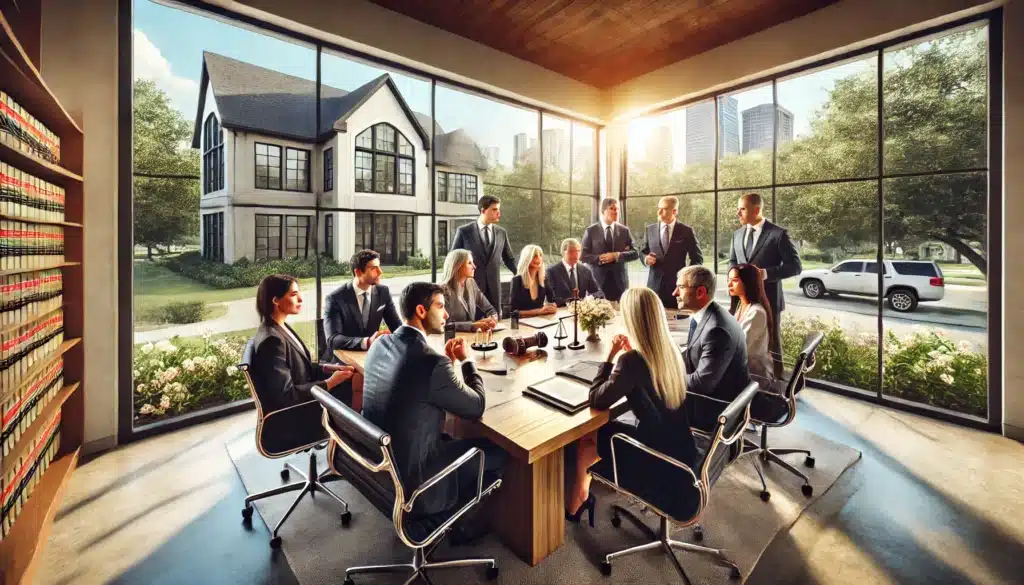 A photo-realistic, cinematic wide-angle image set in a bright summer day, capturing a diverse group of family law attorneys in River Oaks, Texas. The attorneys are gathered around a modern conference table in an upscale office, engaged in a collaborative discussion about a legal case. The group includes both men and women of various ages and ethnic backgrounds, showing a dynamic team atmosphere. The office features large windows with natural light streaming in, offering a glimpse of the elegant River Oaks neighborhood outside. The scene conveys professionalism, teamwork, and a supportive work environment.