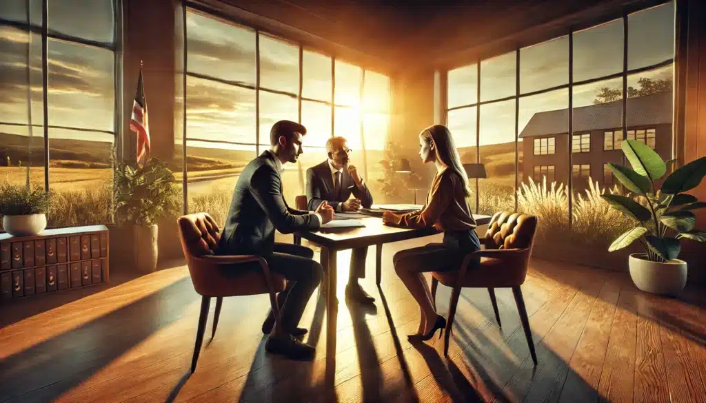 A cinematic, wide-angle, photo-realistic image depicting a divorce mediation session in Texas during a warm summer day. A professional mediator sits at a table with a separating couple, guiding the discussion in a calm, structured manner. The couple appears tense but engaged, working through their issues. The setting is an elegant office with large windows letting in golden sunlight, overlooking a peaceful Texas landscape. The atmosphere is professional yet inviting, with a focus on resolution and cooperation.