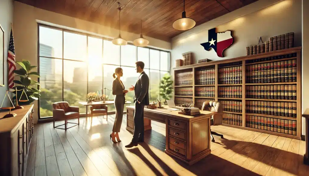 A wide-angle, photo-realistic, cinematic summer scene depicting a blurred image of a couple discussing legal matters. The setting is a professional yet inviting environment, such as a law office with wooden desks, legal documents scattered, and warm sunlight streaming through large windows. In the background, shelves lined with law books and a subtle Texas-themed decor hint at the location. The summer vibes are captured through natural lighting and a calming, airy atmosphere, creating a professional yet approachable scene.
