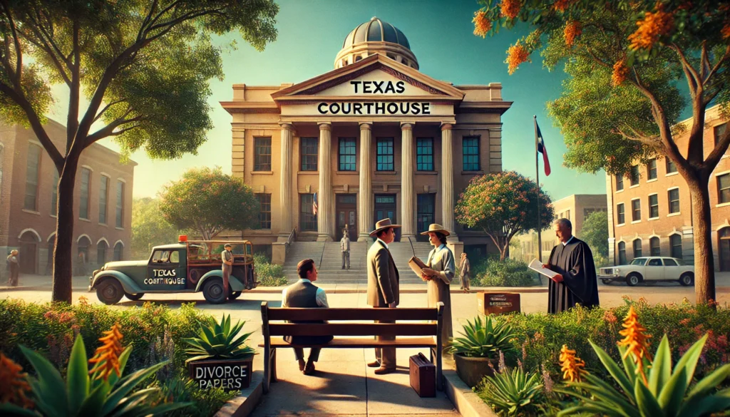 A cinematic, photo-realistic wide-angle image capturing a summer scene outside a Texas courthouse. The building has classic architecture with a prominent 'Texas Courthouse' sign above the entrance. In the foreground, a couple stands apart — one person holding a folder labeled 'Divorce Papers' while the other looks contemplative. Nearby, a lawyer is seen discussing paperwork with a client on a bench. The scene is bathed in warm sunlight with vibrant greenery and blooming flowers, creating a calm yet serious tone that reflects legal proceedings in a peaceful setting.