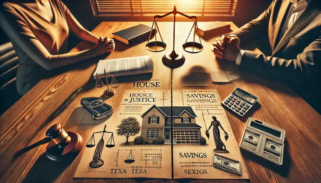 A cinematic, photo-realistic wide-angle image illustrating the division of property during a divorce in Texas. The scene features a large wooden table with legal documents, a scale of justice, and a blueprint-like diagram dividing assets such as a house, car, savings, and personal belongings. A tense atmosphere is portrayed with two individuals' hands on opposite sides of the table, symbolizing negotiation. The warm summer lighting filters through a window, casting a dramatic yet balanced tone on the legal process.